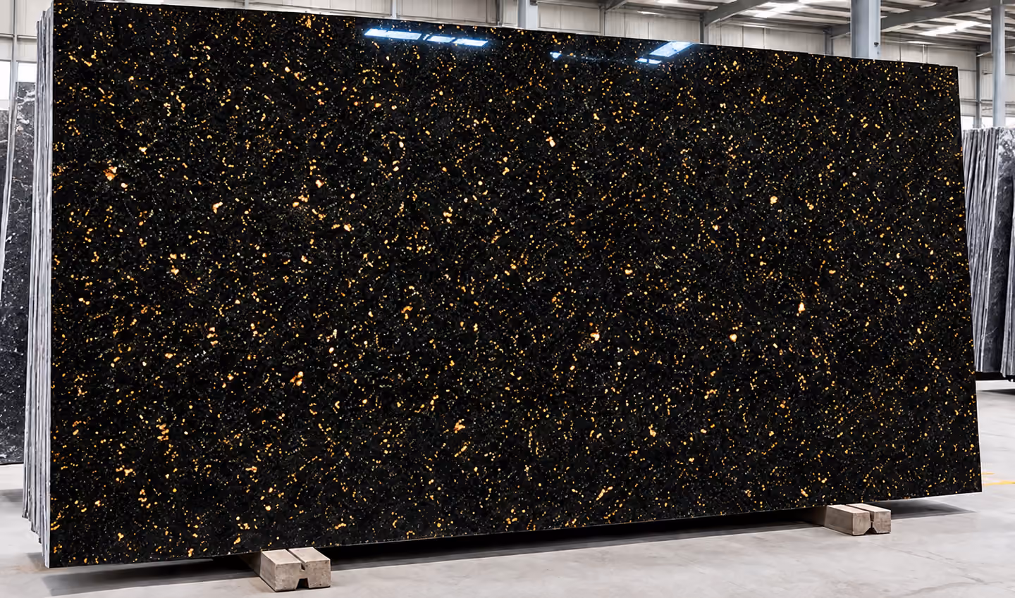 Illustrative polished Black Galaxy granite slab surface