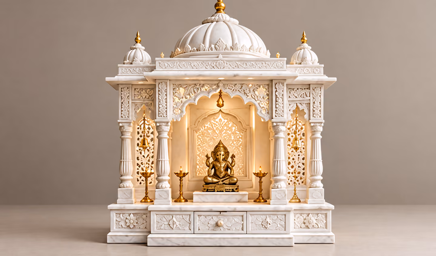 Illustrative carved marble home temple with pillars and a raised base